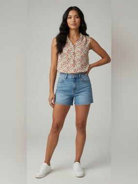 LOFT Cream Floral Sleeveless V-Neck Top with Red and Yellow Flowers